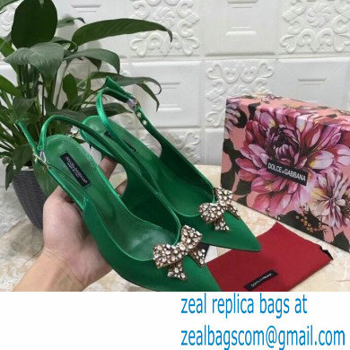 Dolce  &  Gabbana Heel 6.5cm Satin Slingbacks Green with Crystal Bow 2021